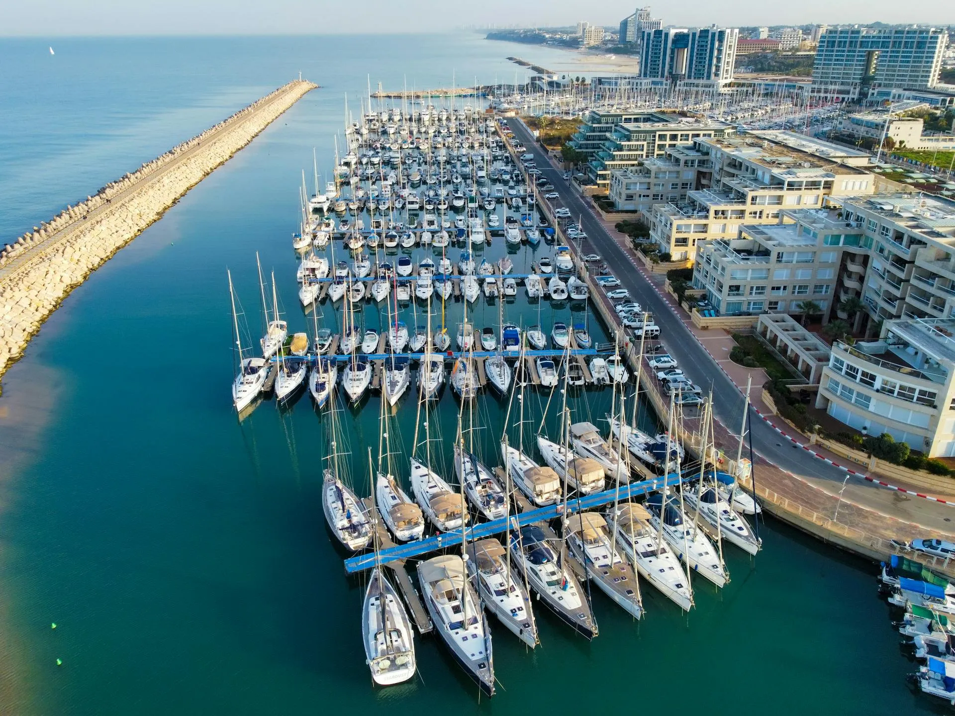 Aerial view of charter fleet in a marina