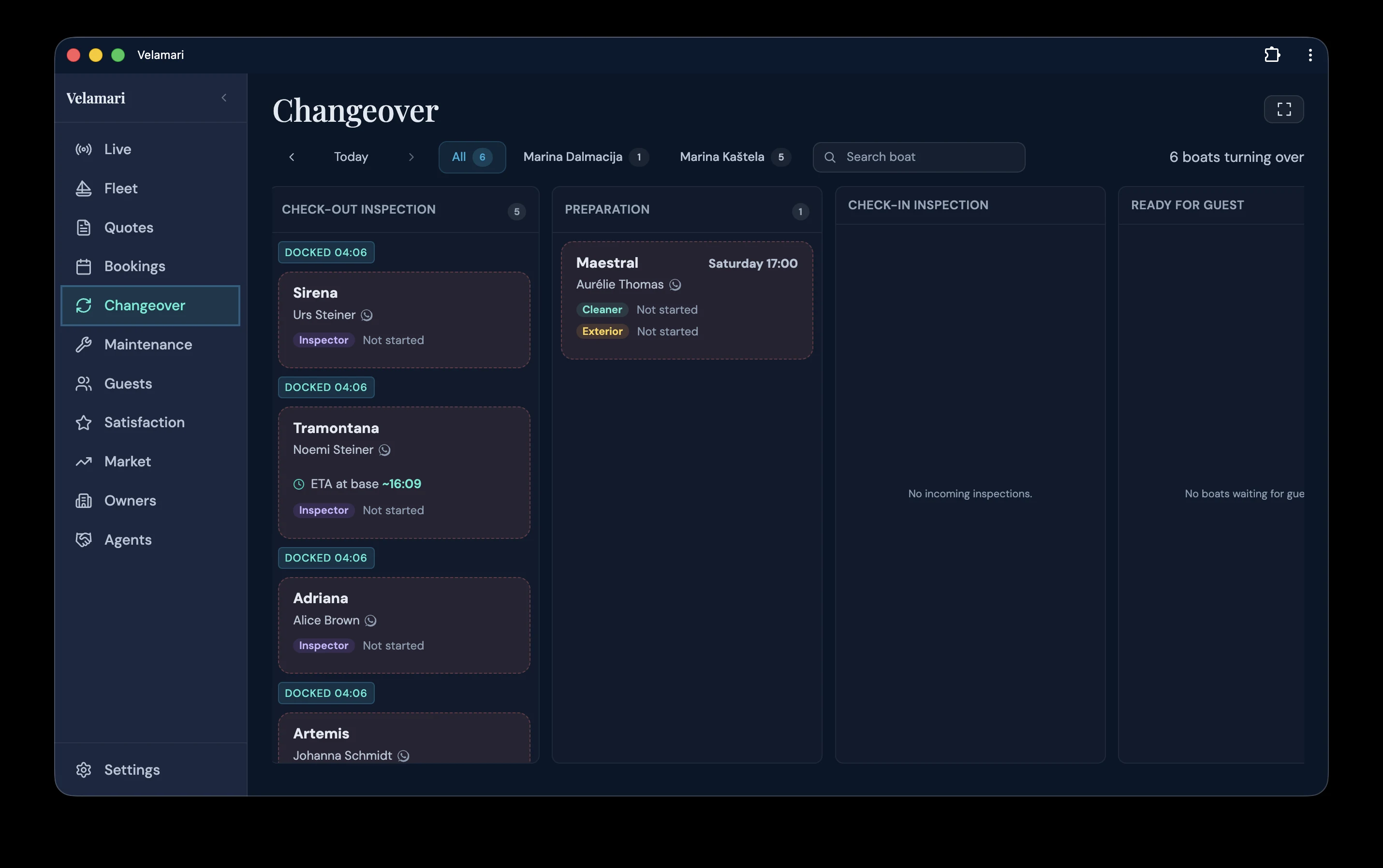 Changeover: The board in the office, across both bases.